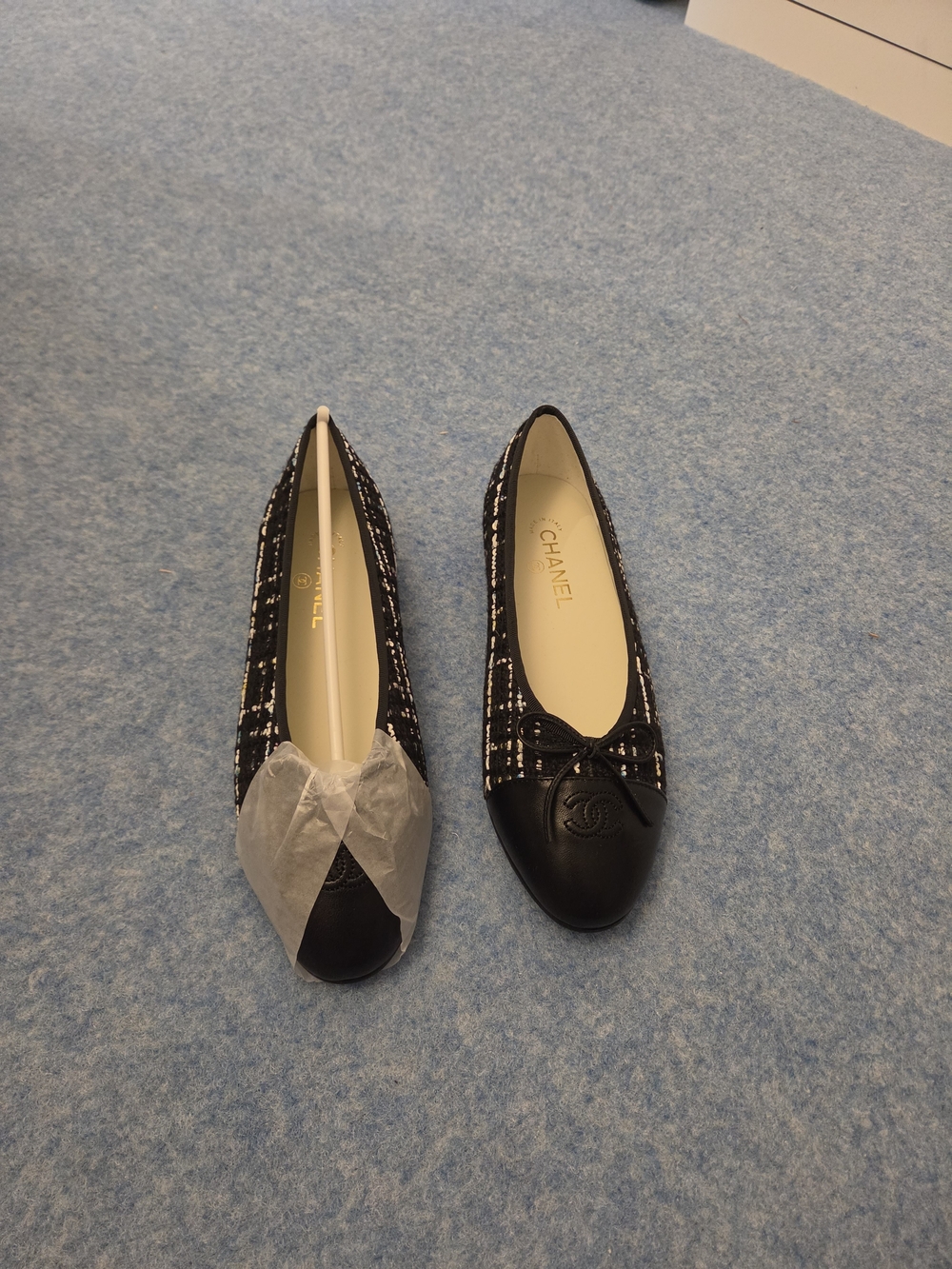 Black Tweed & Leather Cap-Toe Ballet Flats